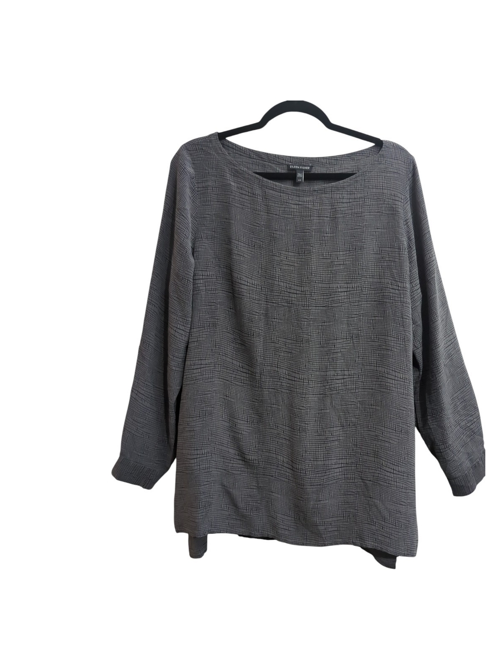Eileen Fisher Gray Grid Print Silk Tunic Blouse Large Boxy Boat Neck Minimalist